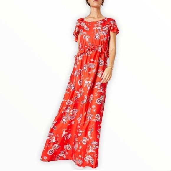 Promod Red Floral Ruffle Button Back Maxi Dress - Picture 1 of 15